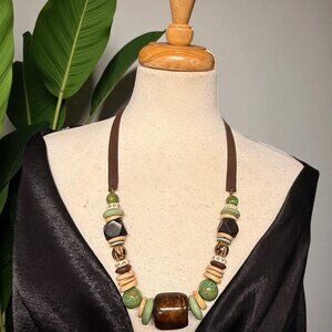 Vintage Boho Chunky Necklace Wood Ceramic Acrylic Beads on Suede Leather Cord